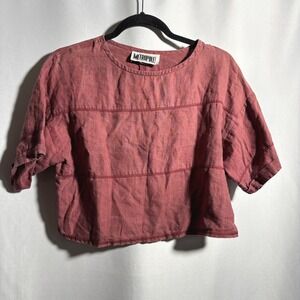 VTG 90s Distressed Red Linen Cropped Top Womens S Grunge Boxy Shirt Short Sleeve